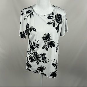 JM Collection White Black Floral Short Sleeve Blouse Size Medium